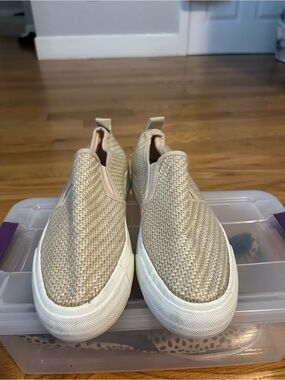 Restricted Woven Slip-On Sneakers in Beige and White